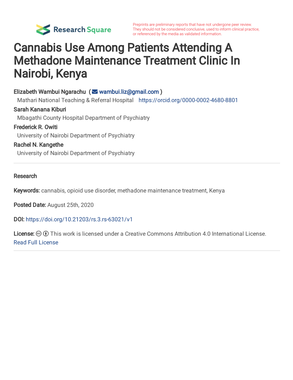 Cannabis Use Among Patients Attending a Methadone Maintenance Treatment Clinic in Nairobi, Kenya