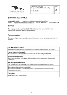 SHROPSHIRE HILLS SHUTTLES Summary Recommendation