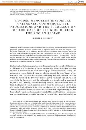 Historical Calendars, Commemorative Processions and the Recollection of the Wars of Religion During the Ancien Régime