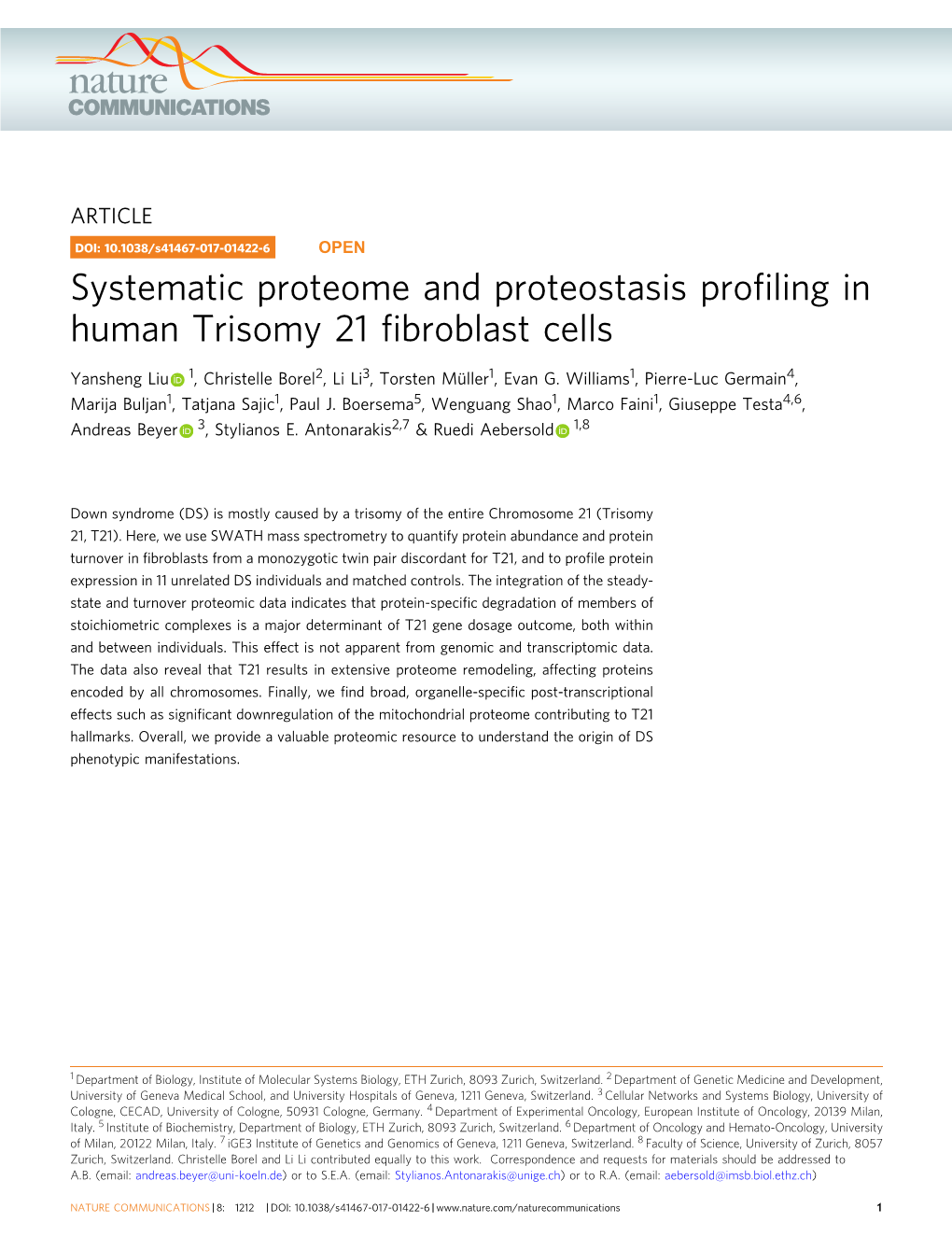 Systematic Proteome and Proteostasis Profiling in Human Trisomy