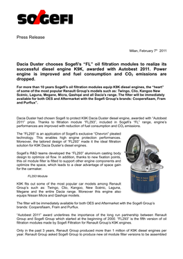 Oil Filtration Modules to Realize Its Successful Diesel Engine K9K, Awarded with Autobest 2011