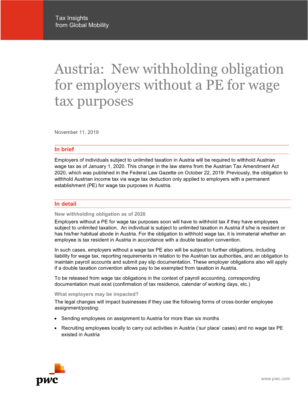 Austria: New Withholding Obligation for Employers Without a PE for Wage Tax Purposes