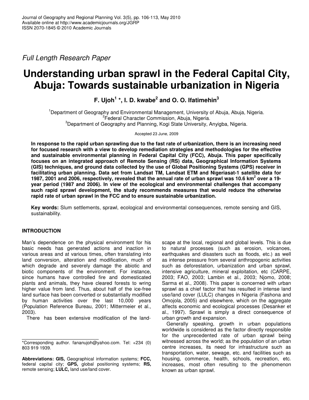 Understanding Urban Sprawl in the Federal Capital City, Abuja: Towards Sustainable Urbanization in Nigeria