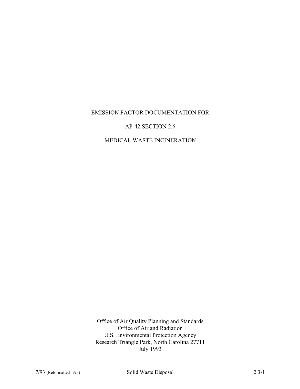 AP-42 Background Document, Section 2.3 Medical Waste Incineration