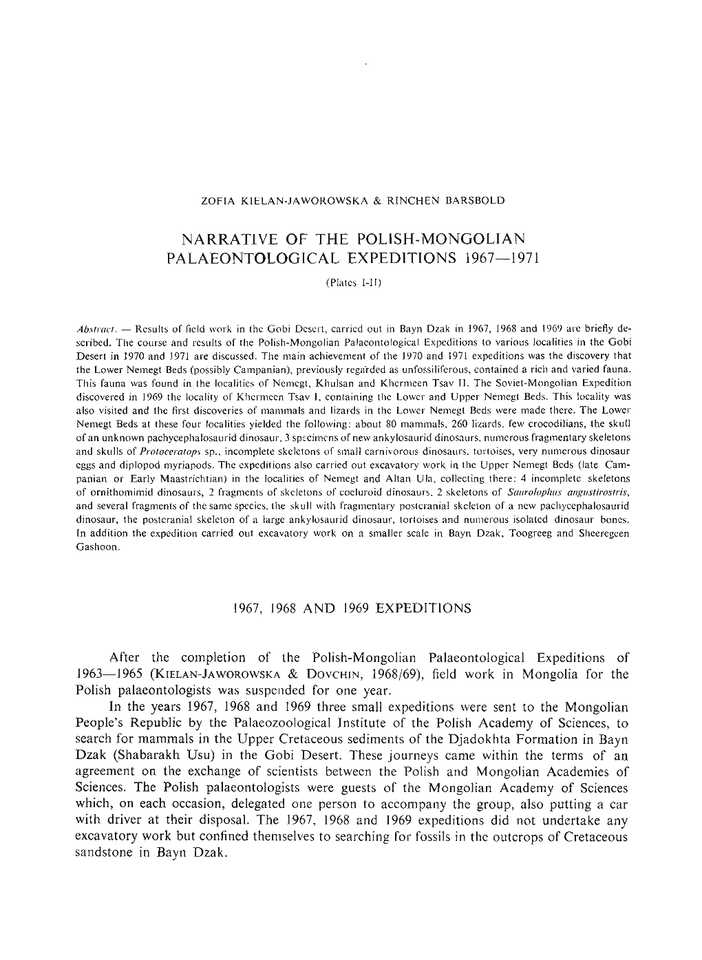 Narrative of the Polish-Mongolian Palaeontological Expeditions 1967-1971
