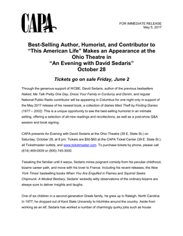 “This American Life” Makes an Appearance at the Ohio Theatre in “An Evening with David Sedaris” October 28