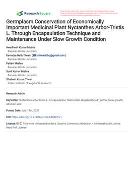 Germplasm Conservation of Economically Important Medicinal Plant Nyctanthes Arbor-Tristis L