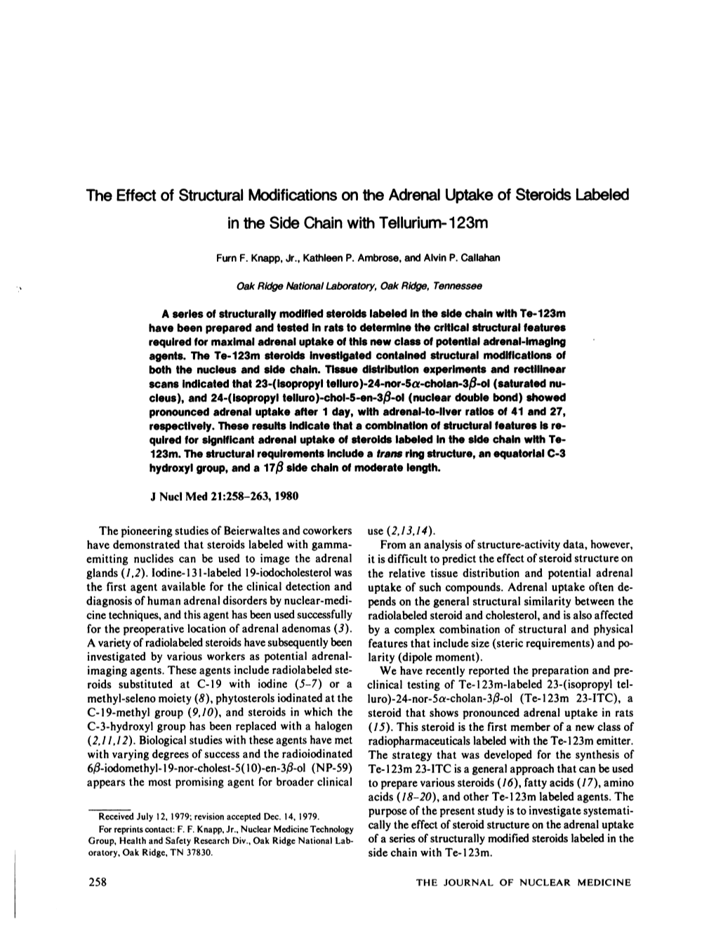 The Effectof Stwcturalmodificationson the Adrenaluptakeof Steroidslabeled in the Sidechainwith Tellurium-123M