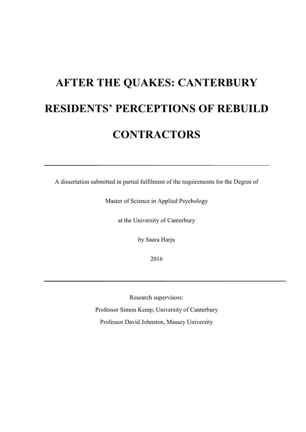 Canterbury Residents' Perceptions of Rebuild Contractors”