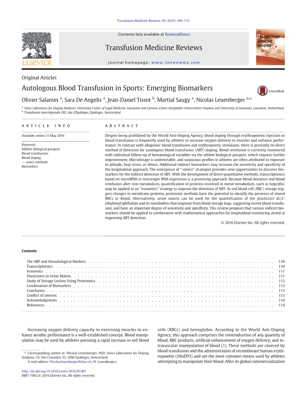 Autologous Blood Transfusion in Sports: Emerging Biomarkers