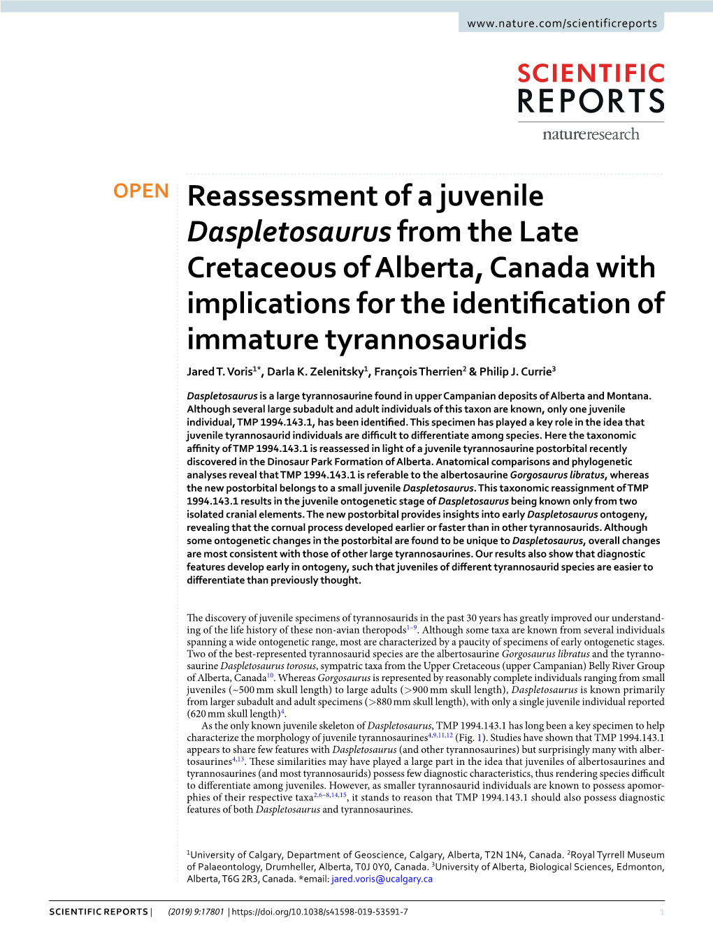 Reassessment of a Juvenile Daspletosaurus from the Late Cretaceous of Alberta, Canada with Implications for the Identifcation of Immature Tyrannosaurids Jared T