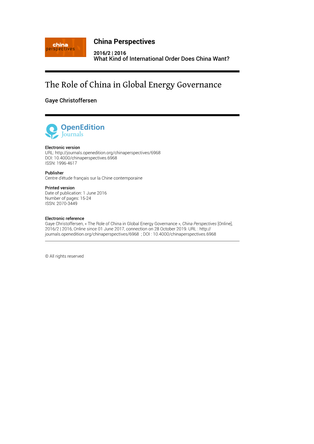 The Role of China in Global Energy Governance