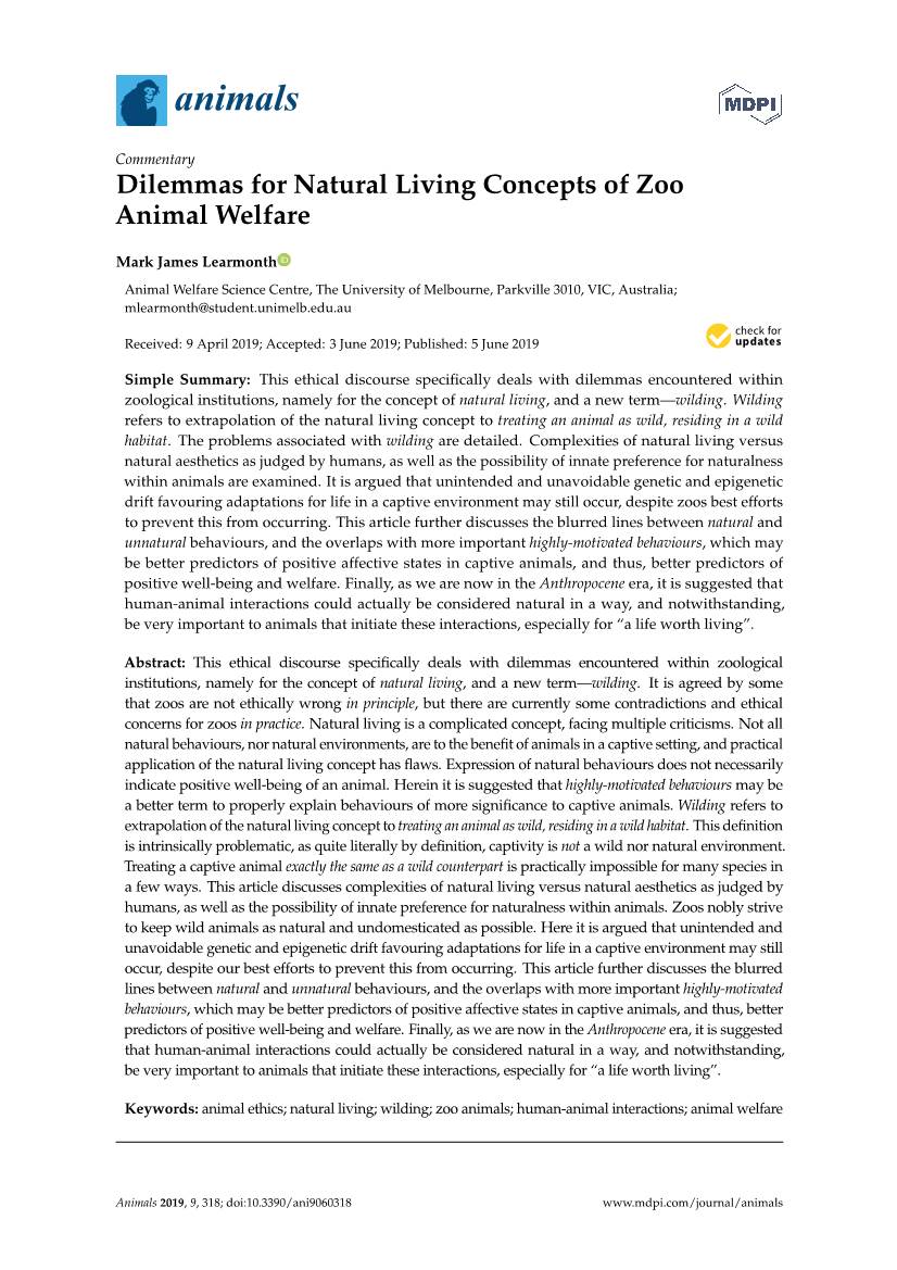 Dilemmas for Natural Living Concepts of Zoo Animal Welfare