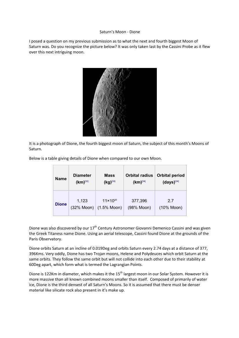Saturn's 4Th Moon – Dione