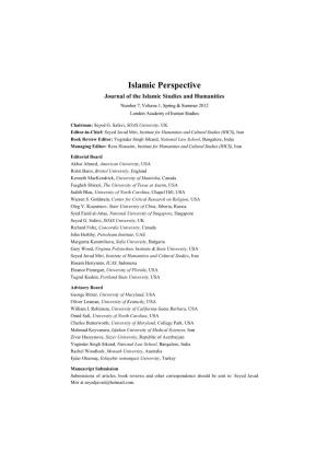 Islamic Perspective Journal of the Islamic Studies and Humanities Number 7, Volume 1, Spring & Summer 2012 London Academy of Iranian Studies