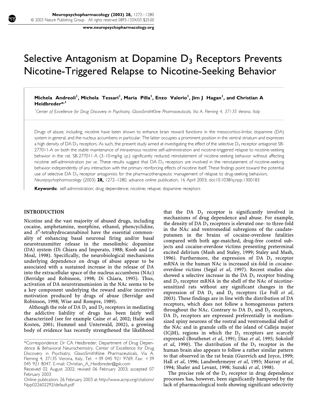 Selective Antagonism at Dopamine D3 Receptors Prevents Nicotine-Triggered Relapse to Nicotine-Seeking Behavior