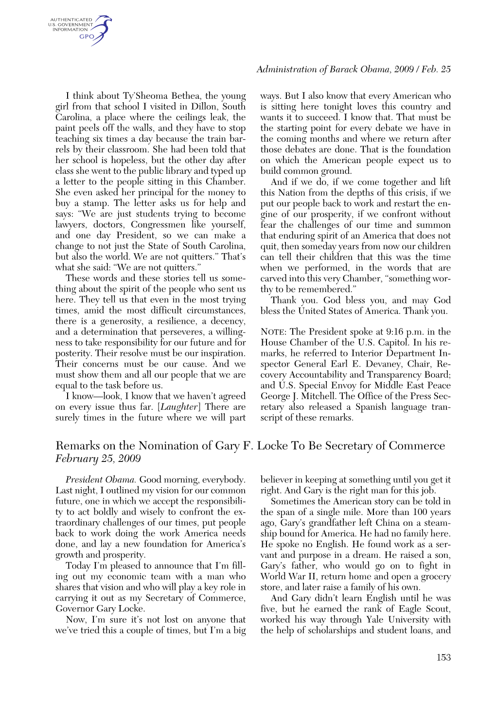 Remarks on the Nomination of Gary F. Locke to Be Secretary of Commerce February 25, 2009