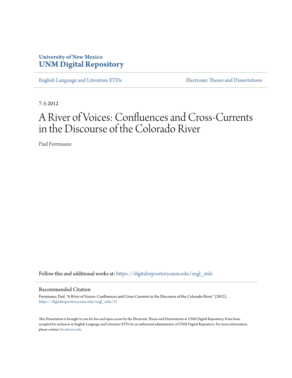 Confluences and Cross-Currents in the Discourse of the Colorado River Paul Formisano