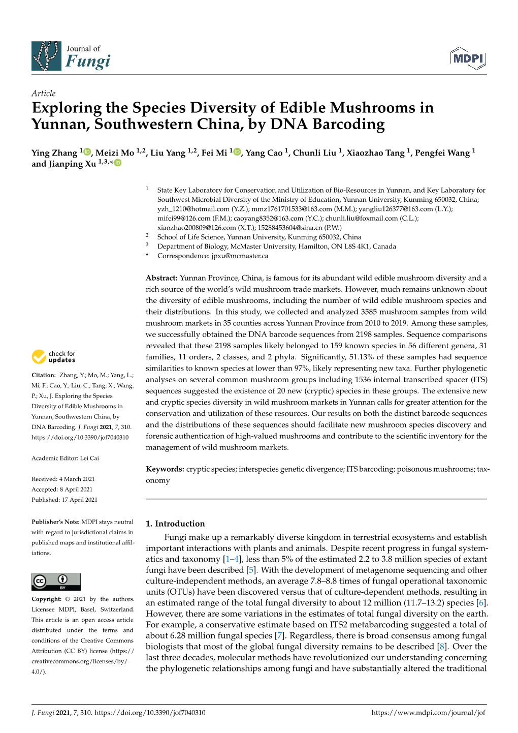 Exploring the Species Diversity of Edible Mushrooms in Yunnan, Southwestern China, by DNA Barcoding