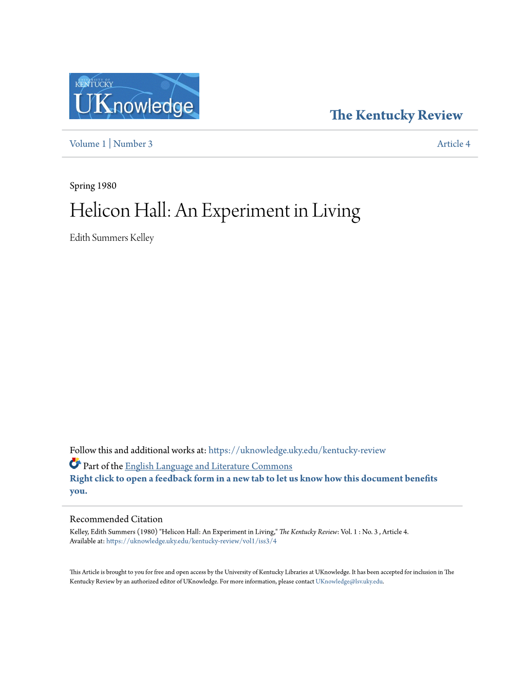 Helicon Hall: an Experiment in Living Edith Summers Kelley