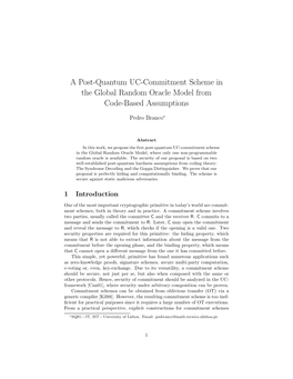 A Post-Quantum UC-Commitment Scheme in the Global Random Oracle Model from Code-Based Assumptions