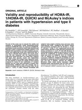 Validity and Reproducibility of HOMA-IR, 1/HOMA-IR, QUICKI and Mcauley’S Indices in Patients with Hypertension and Type II Diabetes