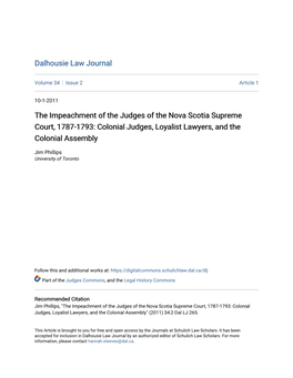 The Impeachment of the Judges of the Nova Scotia Supreme Court, 1787-1793: Colonial Judges, Loyalist Lawyers, and the Colonial Assembly