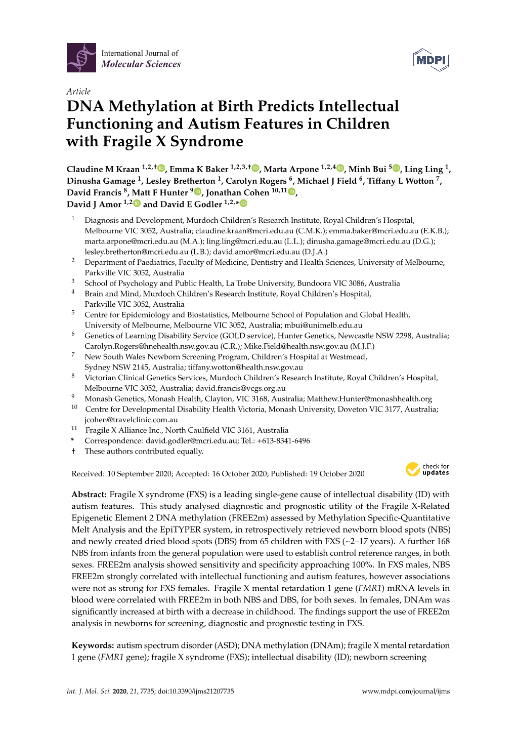 DNA Methylation at Birth Predicts Intellectual Functioning and Autism Features in Children with Fragile X Syndrome