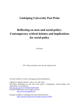 Reflecting on Men and Social Policy: Contemporary Critical Debates and Implications for Social Policy