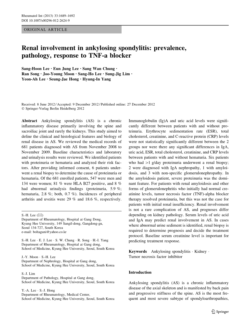 Renal Involvement in Ankylosing Spondylitis: Prevalence, Pathology, Response to TNF-A Blocker