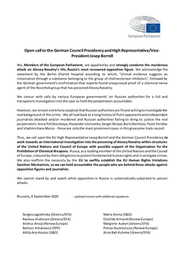 Open Call to the German Council Presidency and High Representative/Vice- President Josep Borrell