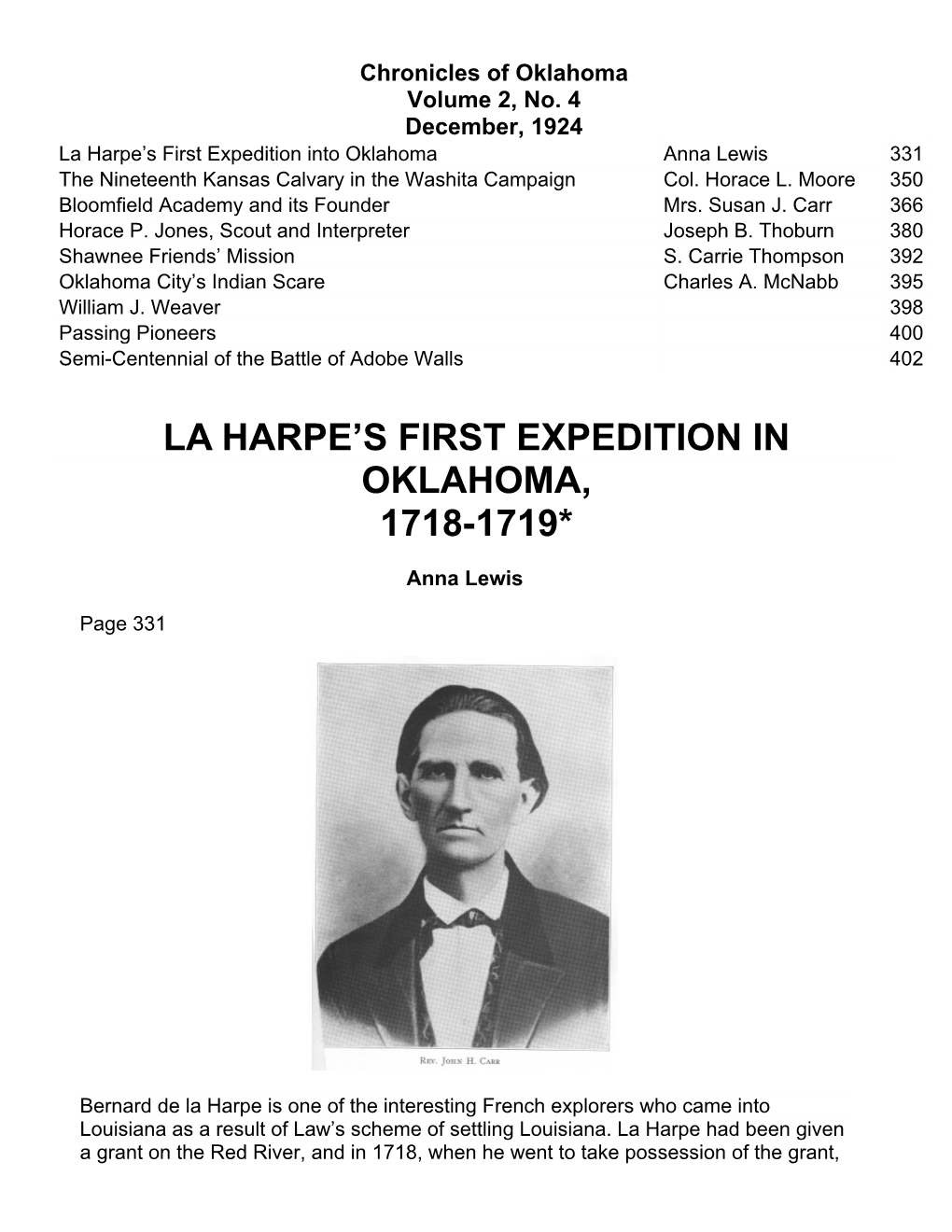 La Harpe's First Expedition in Oklahoma, 1718-1719*