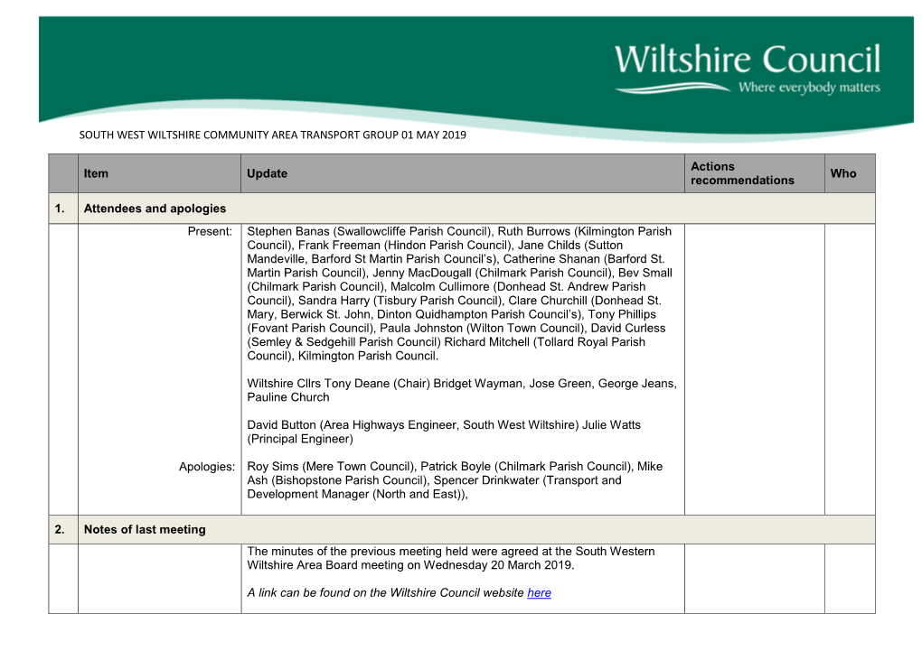 SOUTH WEST WILTSHIRE COMMUNITY AREA TRANSPORT GROUP 01 MAY 2019 Item Update Actions Recommendations Who 1. Attendees and Apologi