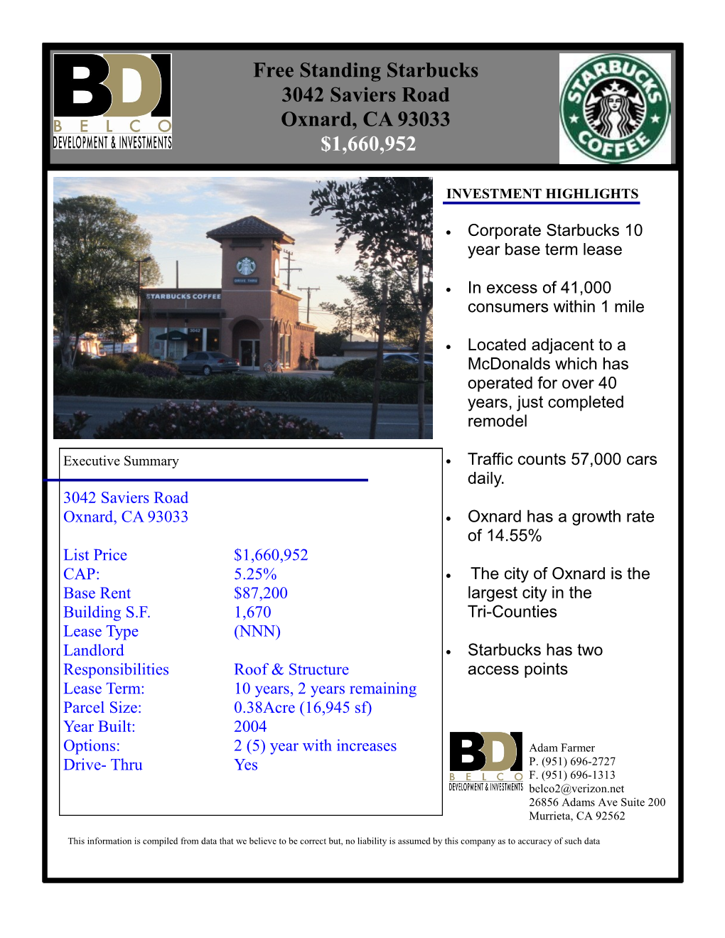 Free Standing Starbucks 3042 Saviers Road Oxnard, CA 93033 $1,660,952