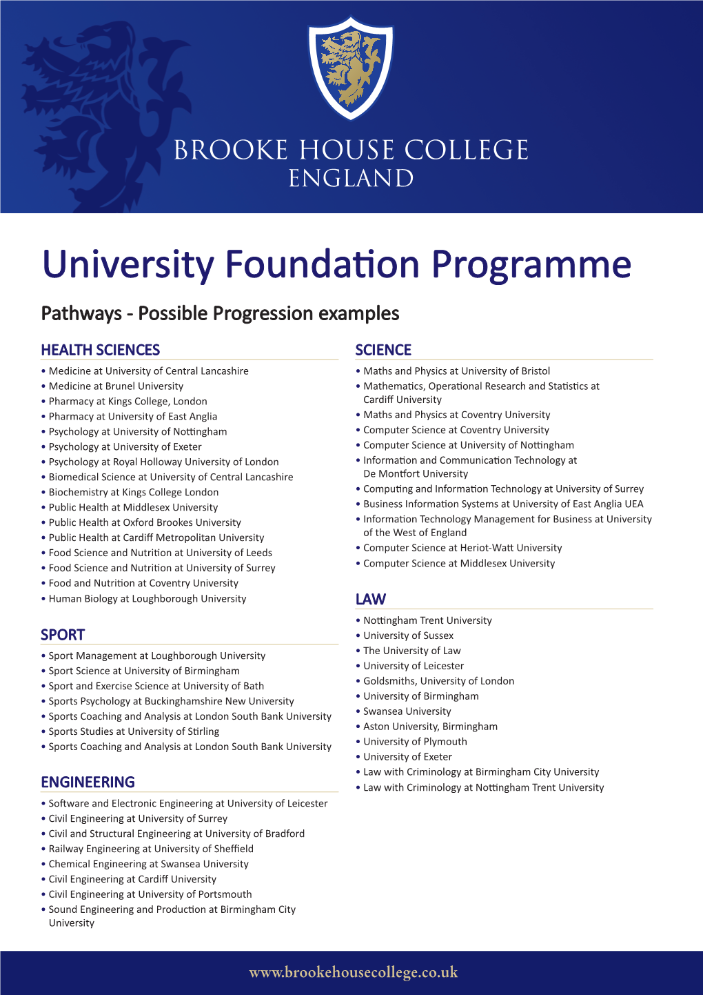 University Foundation Programme University Destinations