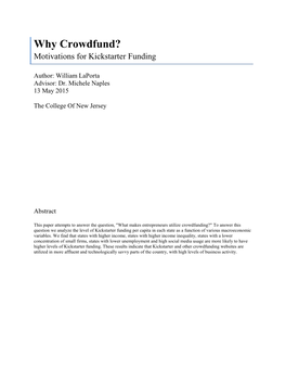 Why Crowdfund? Motivations for Kickstarter Funding