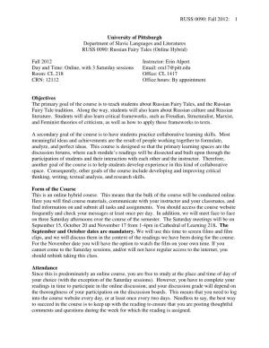 RUSS 0090: Fall 2012: 1 University of Pittsburgh Department of Slavic