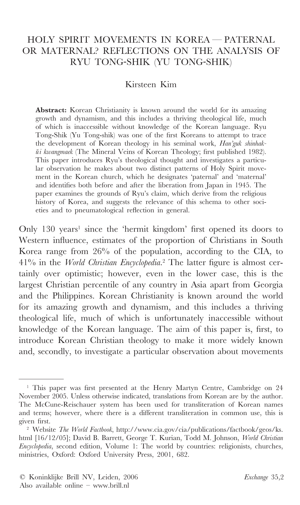 Holy Spirit Movements in Korea — Paternal Or Maternal? Reflections on the Analysis of Ryu Tong-Shik (Yu Tong-Shik)