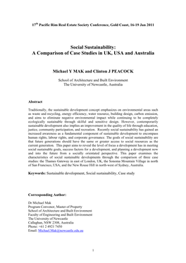 Social Sustainability: a Comparison of Case Studies in UK, USA and Australia