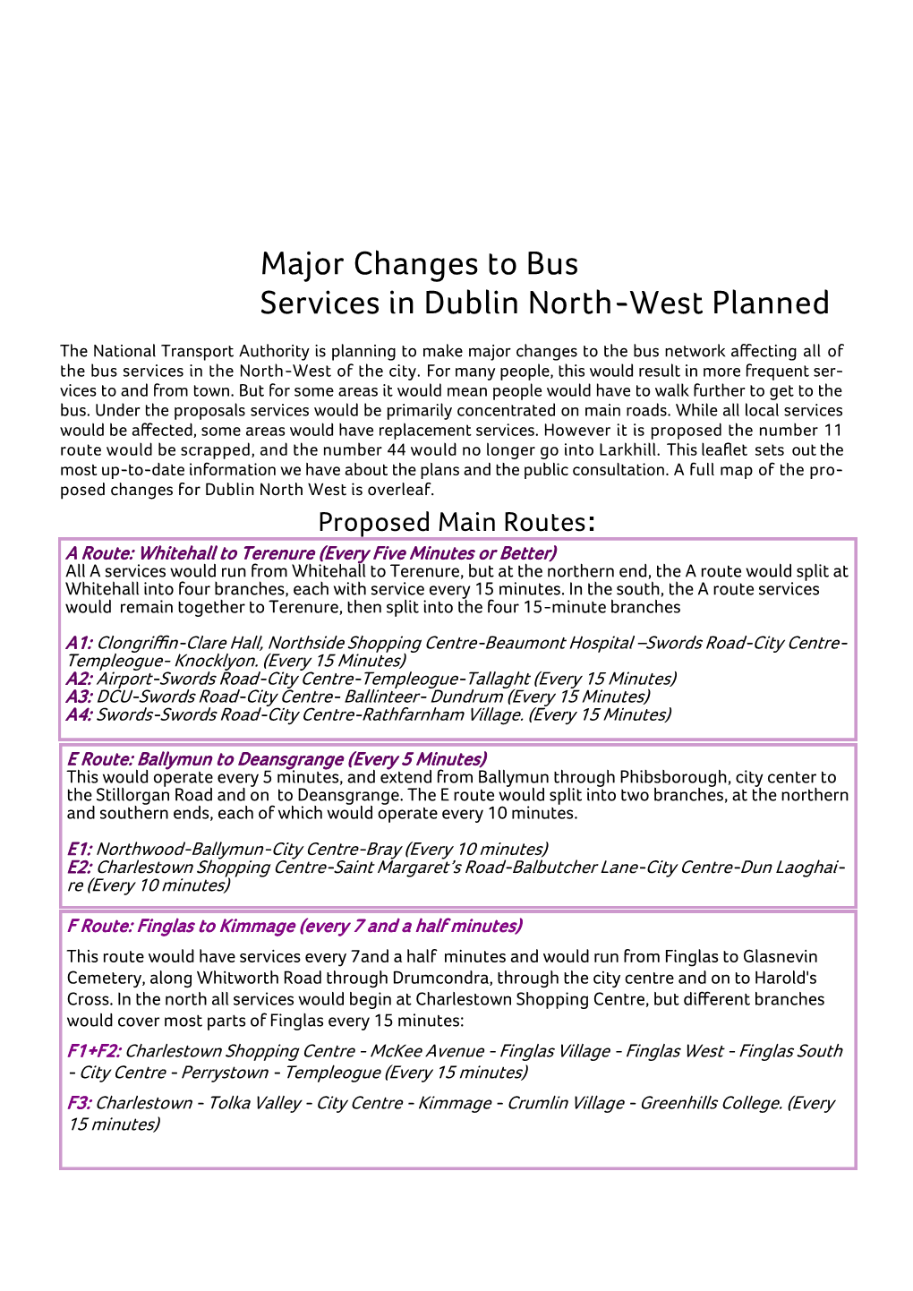 Major Changes to Bus Services in Dublin North-West Planned