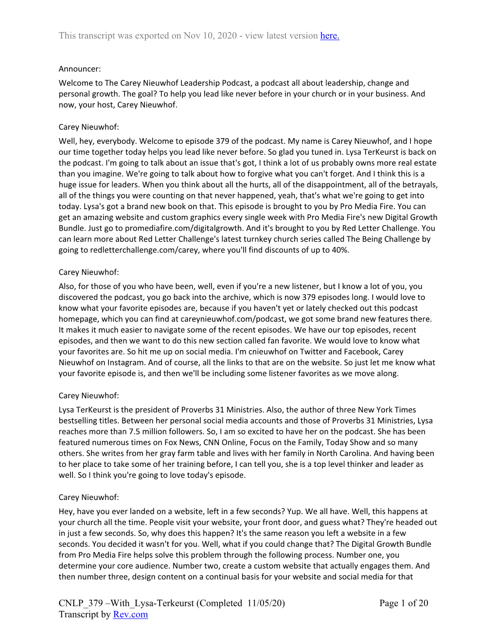 With Lysa-Terkeurst (Completed 11/05/20) Page 1 of 20 Transcript by Rev.Com This Transcript Was Exported on Nov 10, 2020 - View Latest Version Here
