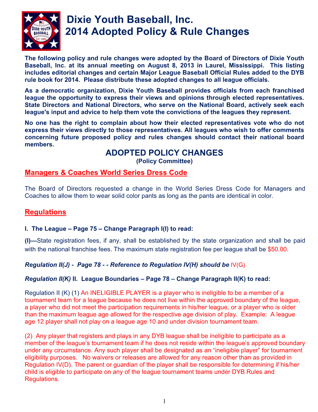 2014 Adopted Policy & Rule Changes