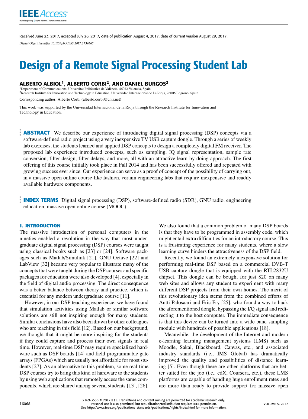 Design of a Remote Signal Processing Student Lab