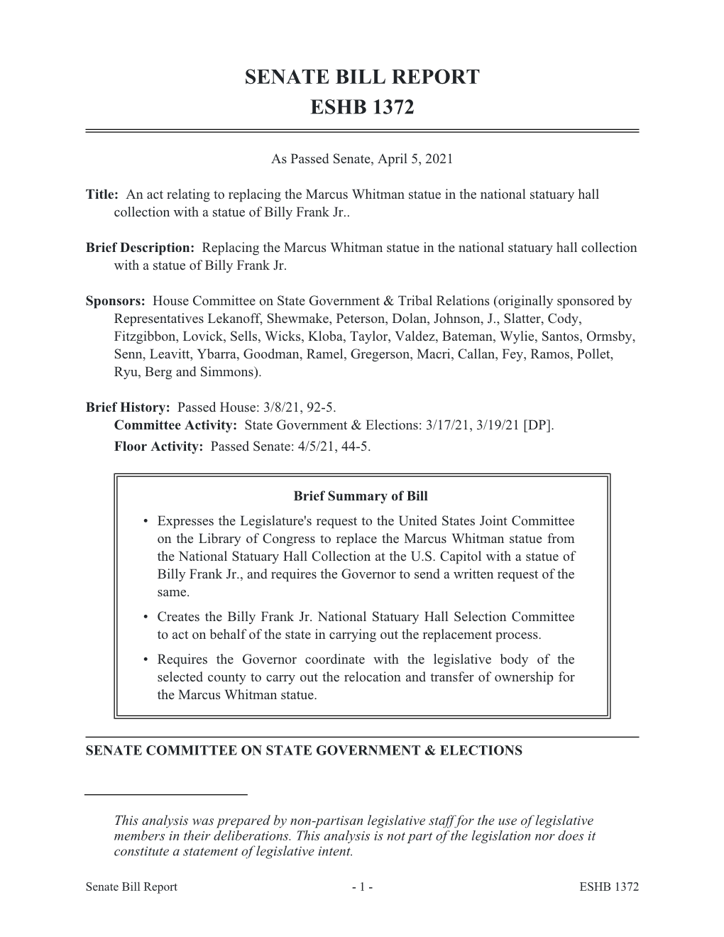 Senate Bill Report Eshb 1372
