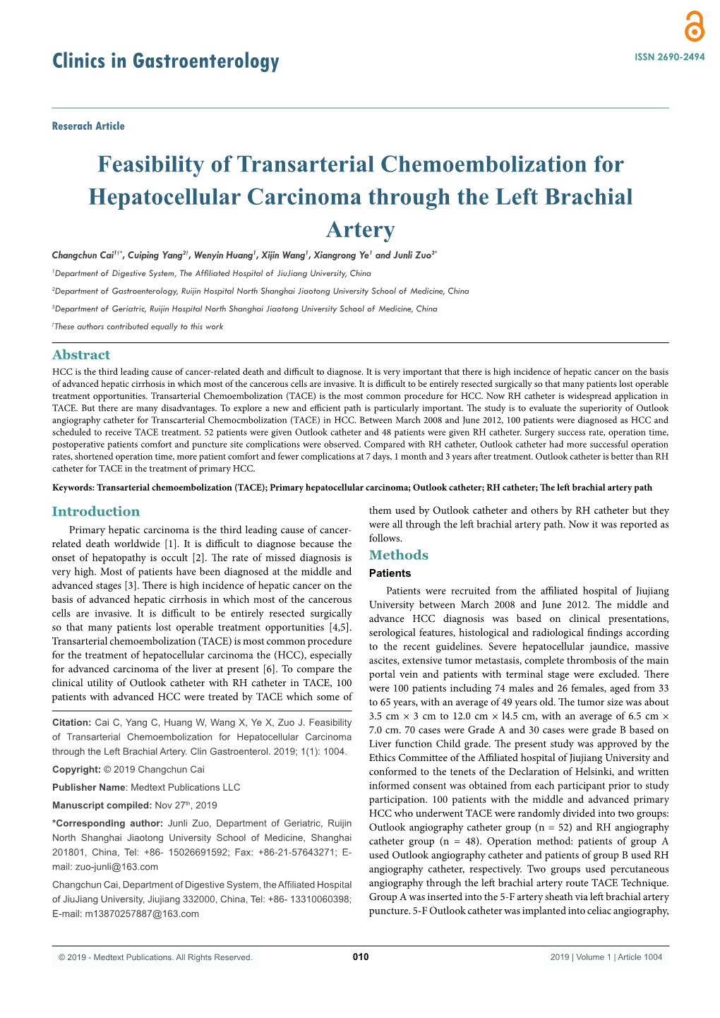 Feasibility of Transarterial Chemoembolization for Hepatocellular Carcinoma Through the Left Brachial Artery