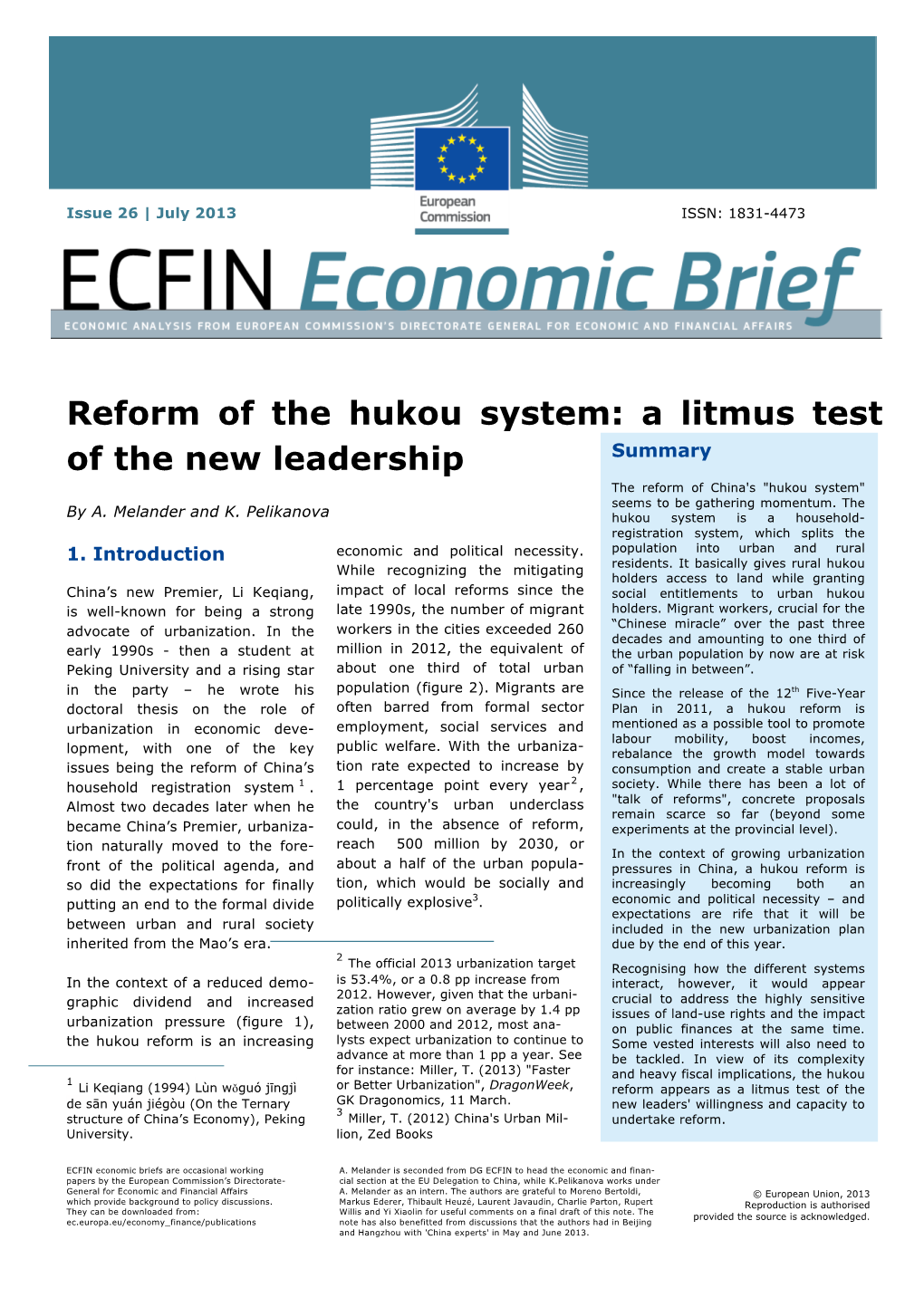 Reform of the Hukou System: a Litmus Test
