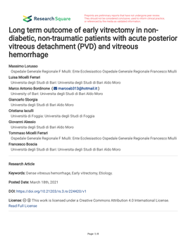 Diabetic, Non-Traumatic Patients with Acute Posterior Vitreous Detachment (PVD) and Vitreous Hemorrhage