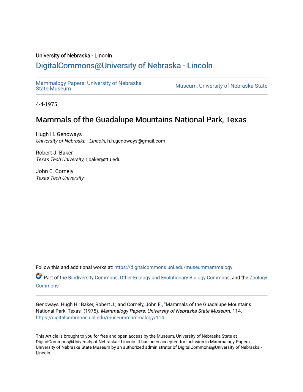 Mammals of the Guadalupe Mountains National Park, Texas