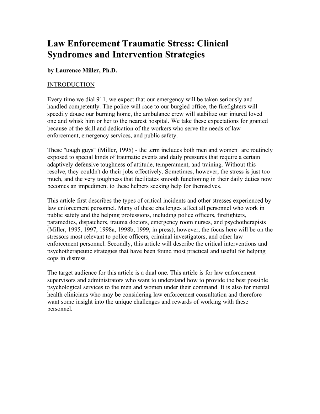 Article: Law Enforcement Traumatic Stress: Clinical Syndromes And