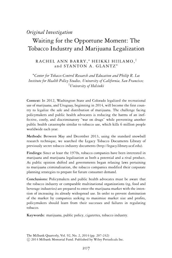 The Tobacco Industry and Marijuana Legalization